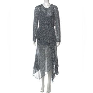 NWT Sazan Floral Print Silk Midi Dress - Steel Blue Multi